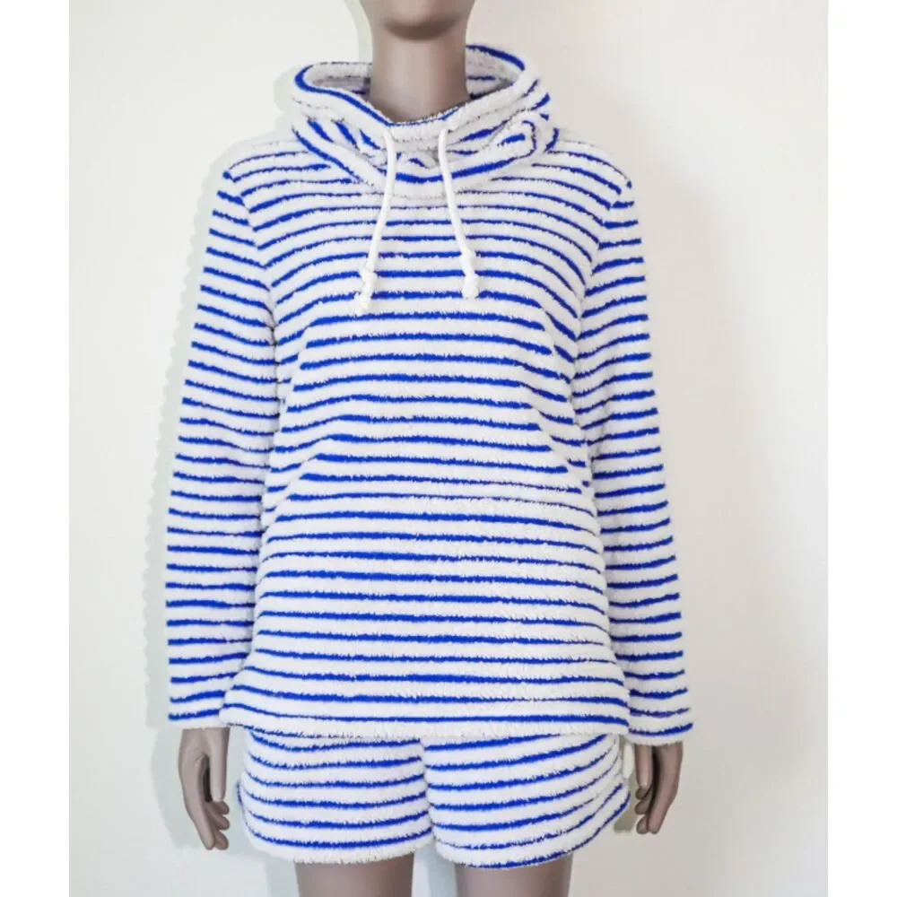 Blue White Stripe Hoodie Shorts Set Small Cozy Lounge Pajama Nautical Plush Fall